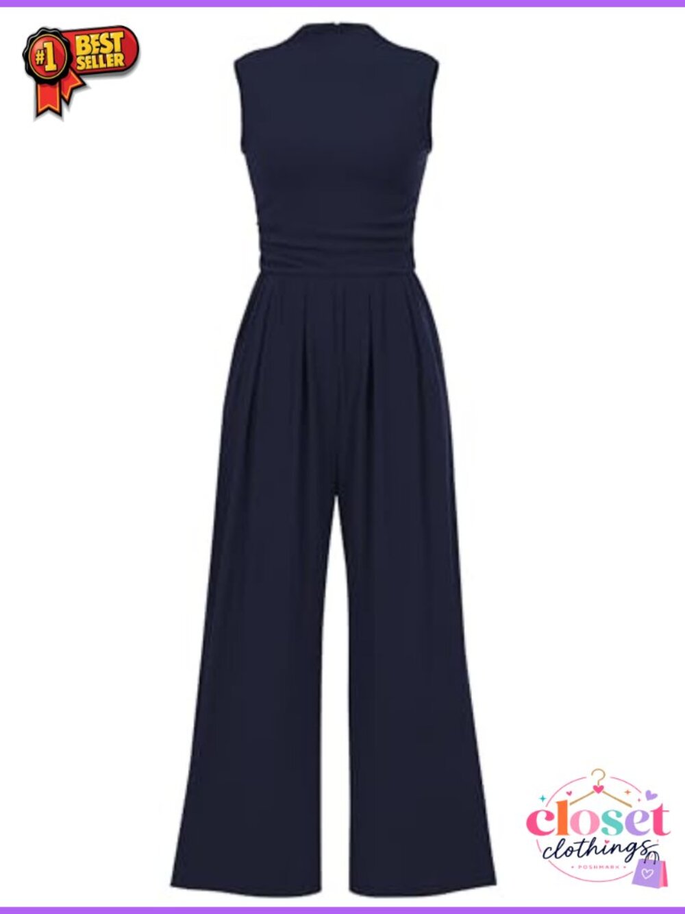 Ribbed Knit Sleeveless Wide Leg Jumpsuit with Pockets Mock Neck